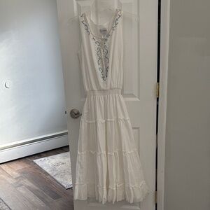 Chadwicks White Sleeveless Maxi Dress with Blue & Cream Embroidery